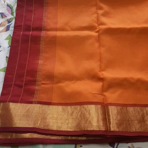 Pure Chanderi Silk Saree In Mustard And Maroon