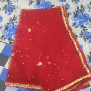 Red Net Dupatta With Four Side N Stone Work