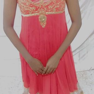 Coral Flared Sleeveless Party Wear