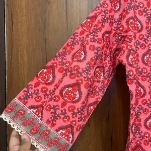 Red Floral Cotton Kurta For Women