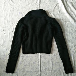 Black Rib-Knit Double Zipper Cardigan