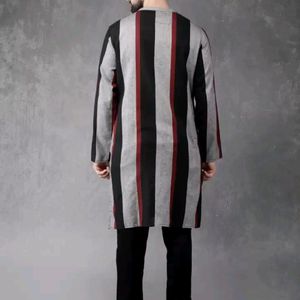 Anouk Men Black & Grey Striped Straight Kurta