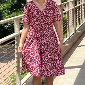 Cotton Red Floral Wrap Midi Dress