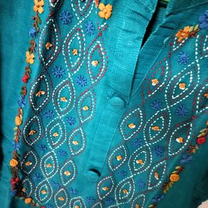 Embroidered Kurta In Teal Blue