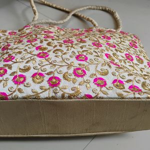 Golden And Pink Embroidery Tote Bag