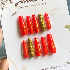 Reusable wedding long red and gold presson nail