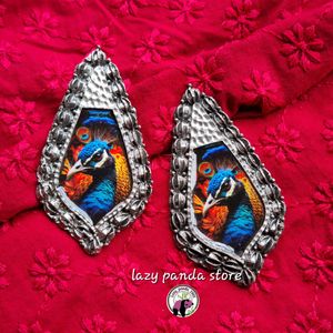 Peacock Printed Statement Black Polish Earrings