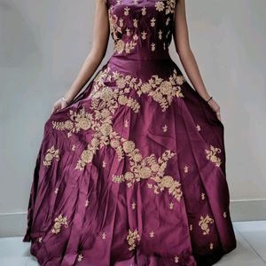 Vine Colour Gown Heavy Embroidery With Plan Back