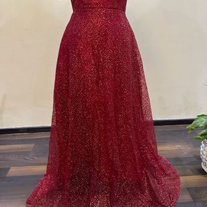 Scarlet Red Self Embellished Back Tie Up Gown