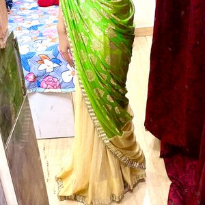 Parrot Green Pleated Saree With Blouse