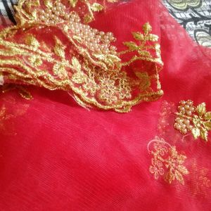 New Red Duppata With Gold Embroidery And Cut Work