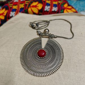 Oxidized GS Statement Pendant With Coral Stone