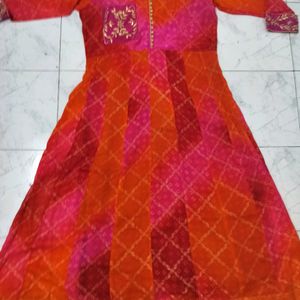 Gota Patti Work Bandhej Gown With Lining