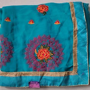 Sea Green With Rose Fully Embroidered Saree