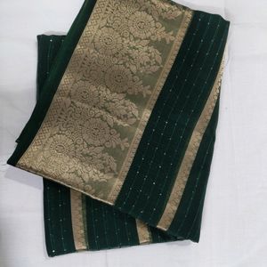 Dark Green Gold Organza Sequence Saree