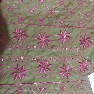 Khaki Green  Cotton  Lurex Kurti Pink Embroidery