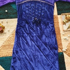 Blue Velvet Small Size Long Sleeve Women Dress