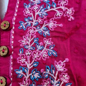 Cotton Deep Pink Ankle Length Sleeveless Kurta