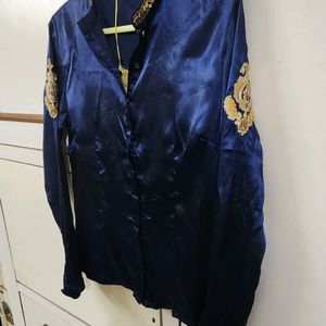 Fusion Party Navy Satin Embroidered Shirt