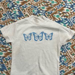 White Crop Top With Blue Butterflies