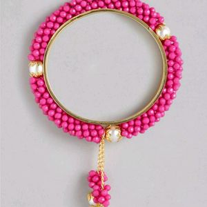 2 Pink & Gold-Toned Beaded Bangles with Latkan