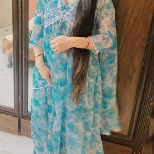 Stitched Pakistani Sky Blue Floral Printed Dress