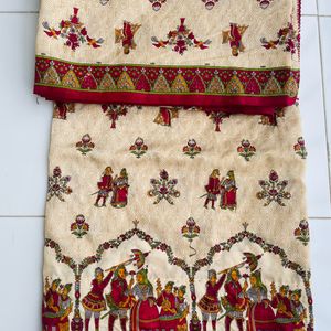 Beige And Maroon Kantha Stitched Worked Saree