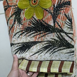 Orange And Green Flower Printed Saree