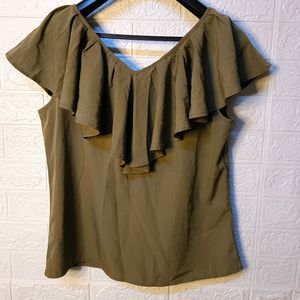 "Elegance Redefined: Olive Green Flare Neck Top"