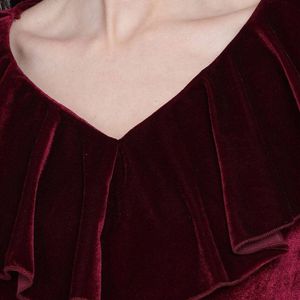 BURGUNDY VELVET RUFFLES JUMPSUIT