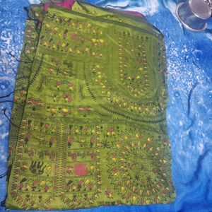 Mehdi Colour Saree With Contrast Blouse