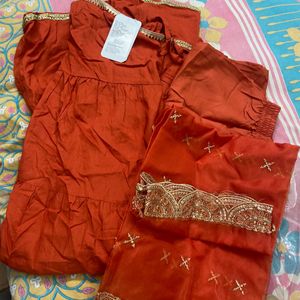 Orange Party Wear Kurta With Work Dupatta