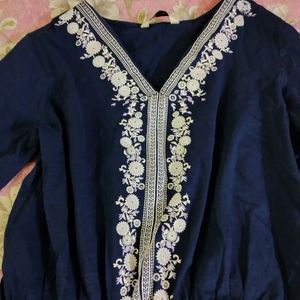 V Neck Navy Blue Cinched Waist Top