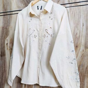 Cream Embroidery Work Shirt Size-38