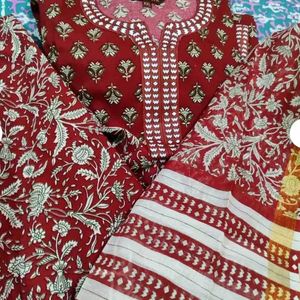 Women Block Printed kurta And Pant Dupatta sets