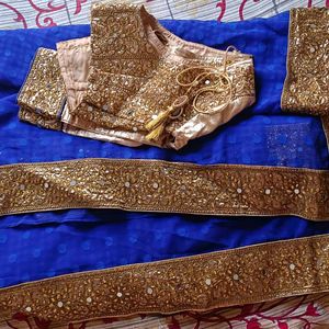 Peacock Blue And Golden Saree With Blouse