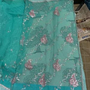 Light Sea Green Pink-embroidery Sari