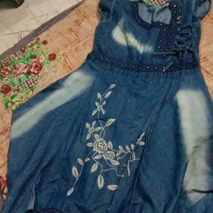 A Denim Frock With Flower Print