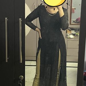 Black Kurti With Front Slits And Golden Leggings