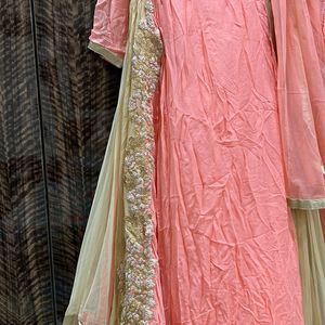 Peach Gown With Dupatta And Pant M-XL