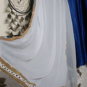 White Dupatta With Golden Lace