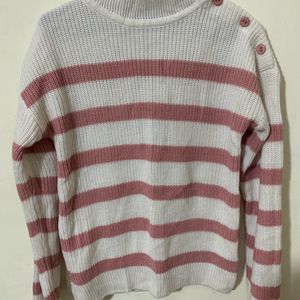 White And Pink Striped High Neck Sweater