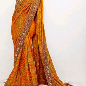 Mustard Banarasi Fabric Embroidery Work Saree