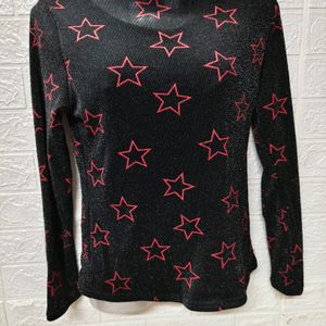 Polo Neck Shimmery Top With Red Stars