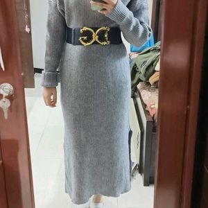 Women Grey Long Ribbed High Neck Sweater Dress