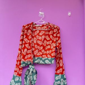 Zara Jasmine Leaf Fern Printed Red Green Cropped