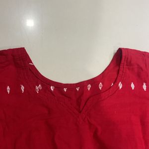 Red V Neck Straight Kurta