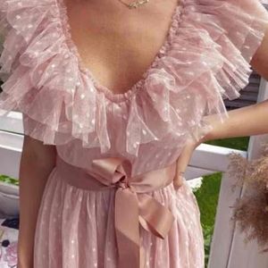 V-Neck Mesh Polka Dot Tulle Backless Pink Ruffle S