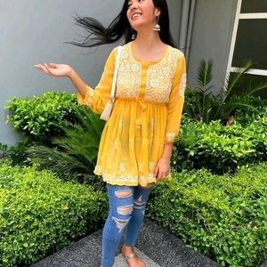 Yellow Georgette Short Chikankaari Kurti