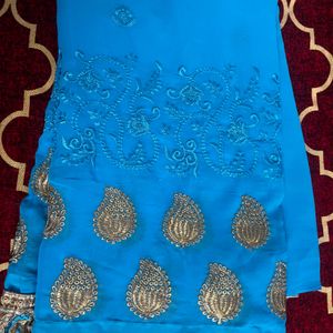 Blue Embroidery Saree With Blouse Size 36 Extra Ma